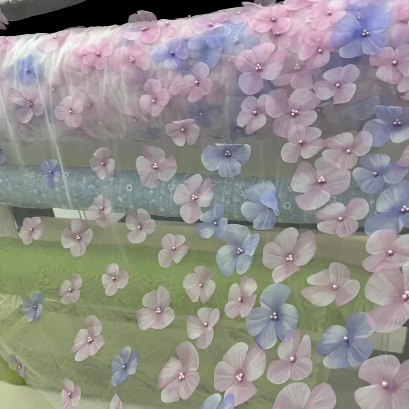 

Dreamy Gradient 3D Floral Pearl Mesh Fabric Colorful Embroidered Tulle Soft Sheer Material For Bridal Dress Stage Decoration DIY