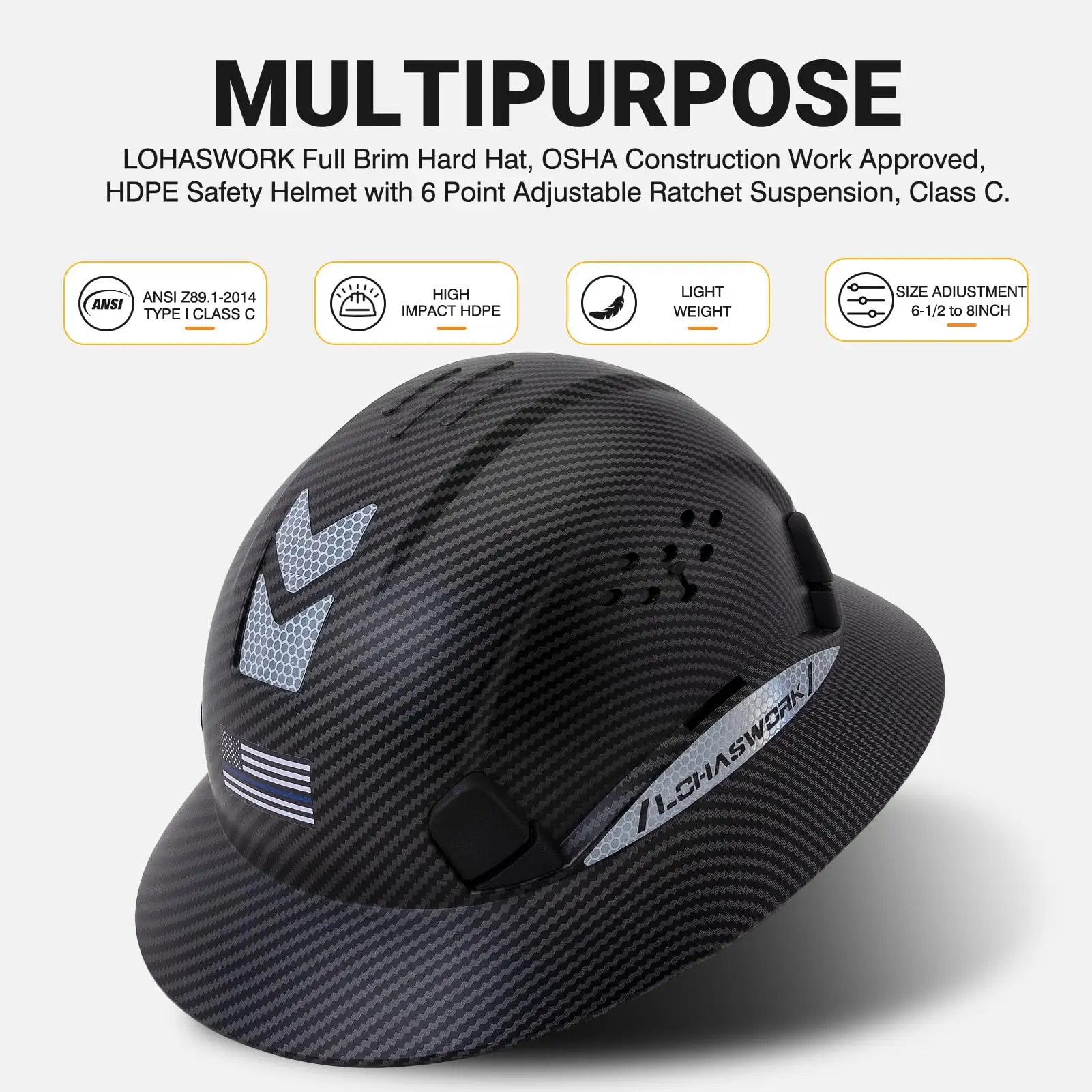 ANSI Z89.1 Certified Full Brim Safety Helmet with Visor Lightweight Carbon Fiber Pattern Hard Hat Construction Industrial Work