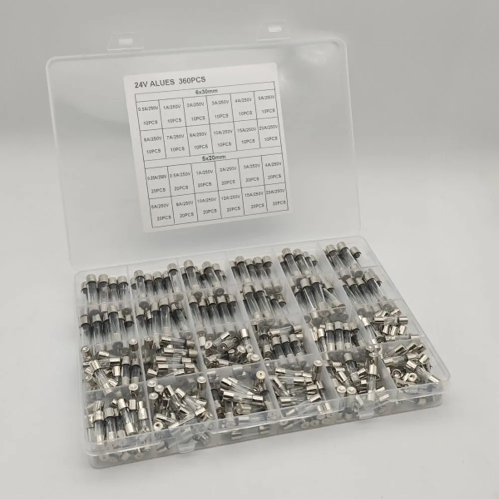 24 Values 360 pcs Fast-Blow Glass Fuses Assortment Kit 5x20mm 250V 0.25 - 20A 6x30mm 250V 0.5-20A  packag in a Clear Plastic Box