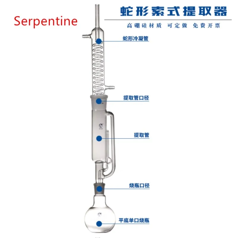 60/150ml Glass soxhlet extractor body Allihn condenser Spherical/Serpentine shape condenser Flat Bottom Flasks Lipid Extraction