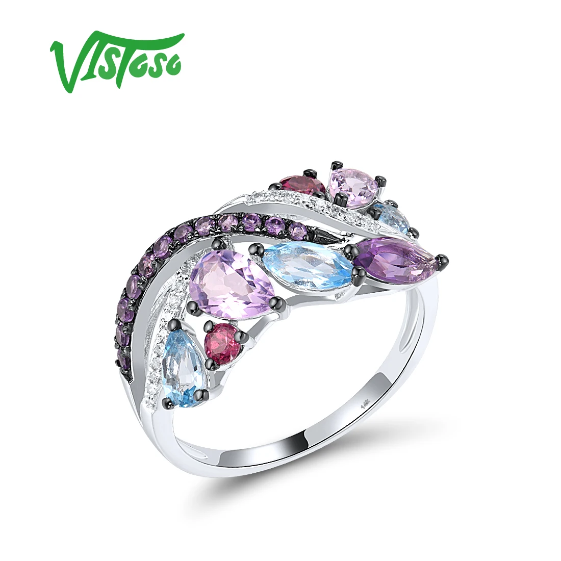 

VISTOSO Authentic 14K 585 White Gold Rings For Women Sparkling Diamonds Colorful Gemstone Delicate Party Wedding Fine Jewelry