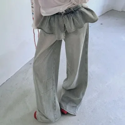 

Womens Pants 2026 Spring Korean Version High Waisted Versatile Ruffle Edge Splicing Denim Fart Curtain Wide Straight Leg Pants
