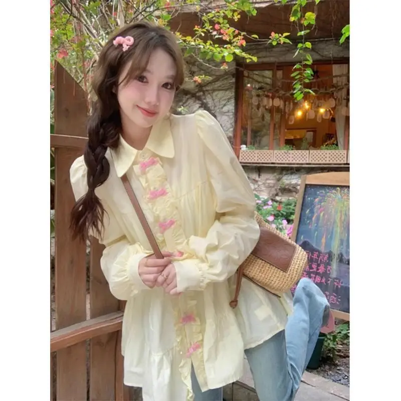 

Korejepo Bow Bubble Sleeve Shirt Jacket Women 2025 Spring Autumn New Gentle Sweet Shirt Loose Medium Age Reducing Long Top