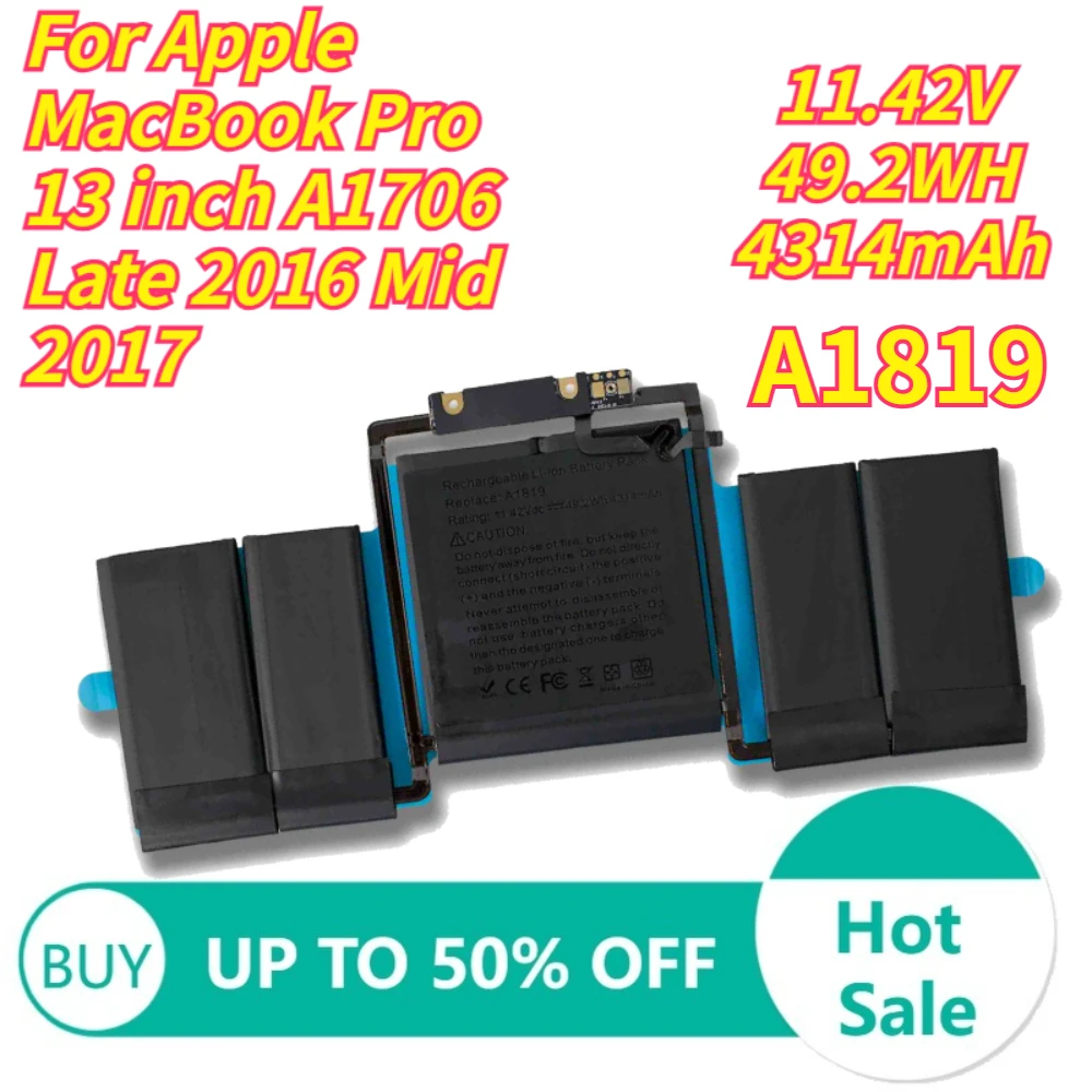 11.42V 49.2WH 4314mAh A1819 Laptop Battery for Apple MacBook Pro 13 inch A1706 Late 2016 Mid 2017