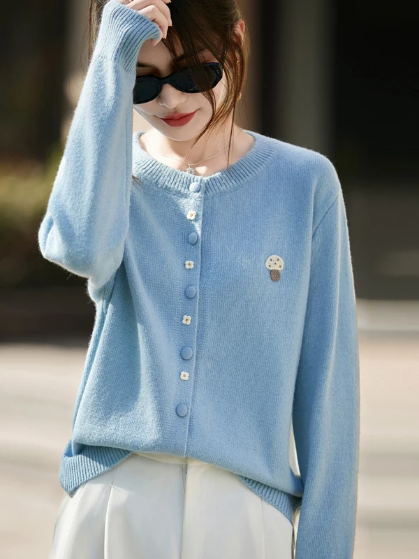 

Autumn Winter New Sle Women's Open Cardigan Knitted Wool Loose round Ne Embroidered Camere Base irt Soft Long Sve