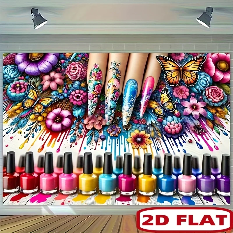 Nail Salon Floral Tapestry, Vibrant Butterfly and Blossom Design, All-Purpose Polyester Backdrop for Salon Decor