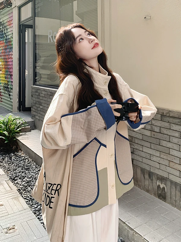 

Женская куртка в стиле пэчворк с клетчатым узором, весна-осень 2025, новая, дышащая, свободного кроя, на пуговицах