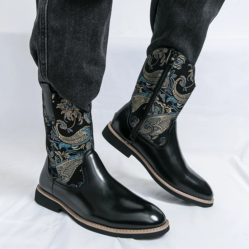 

High Quality Leather Men Embroidered Ridding Boots Western Cowboy Boots Trendy Locomotive Knight Boots for Men Zapatos