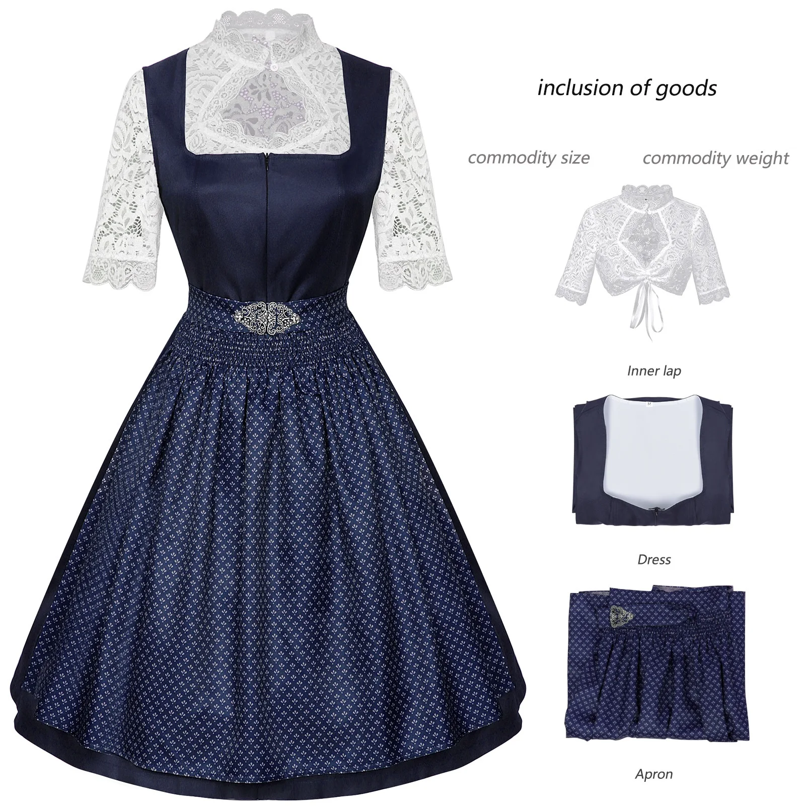 فستان بافاري، فستان خادمة تنورة البيرة، ملابس أداء مريلة نسائية من الدانتيل بأكمام قصيرة لمهرجان بيرة ميونيخ ألمانيا