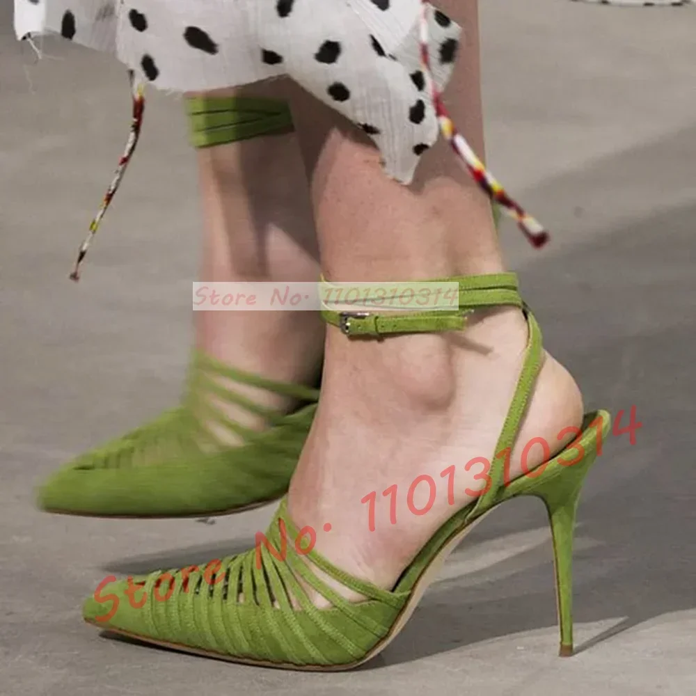 صندل من جلد الغزال النباتي الأخضر للنساء ، صندل نسائي مجوف مدبب ، ألوان مختلطة ، أحذية بكعب عالٍ ، حفلة أنيقة ، عصرية