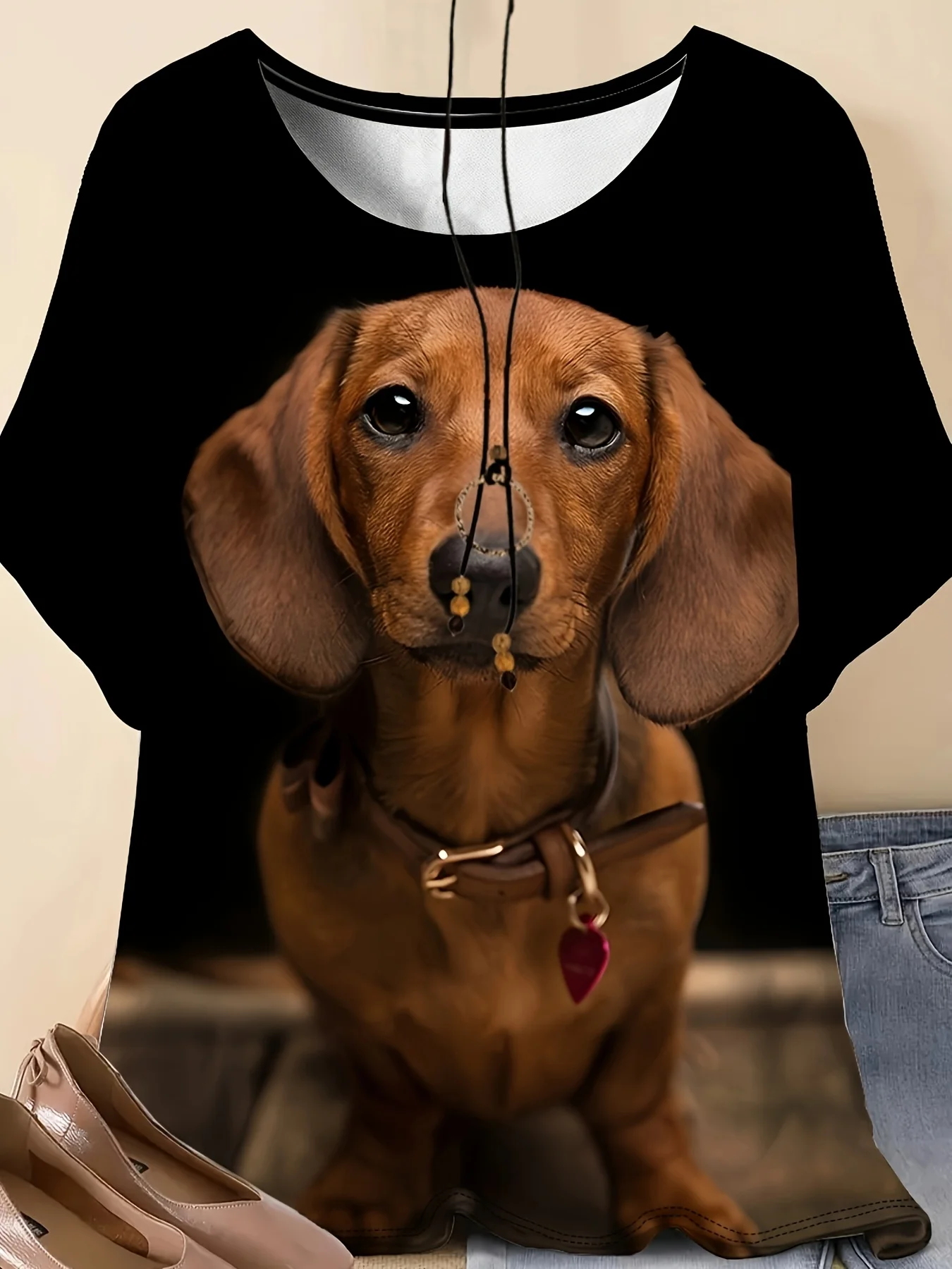 Women Cute Dachshund Dog Realistic Print T‑Shirt O‑Neck Short Sleeve Casual Tops