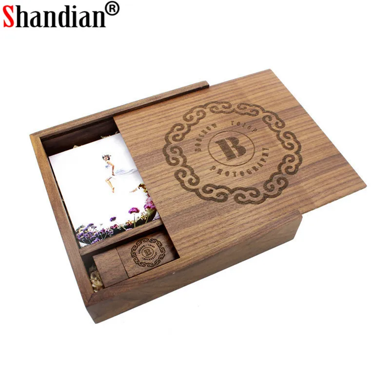 SHANDIAN(Free logo ) Wooden Photo Album Box USB 2.0 Pendrive 4GB 16GB 62GB 64GB DIY Engraved Logo Wedding Memory 170*170*35mm