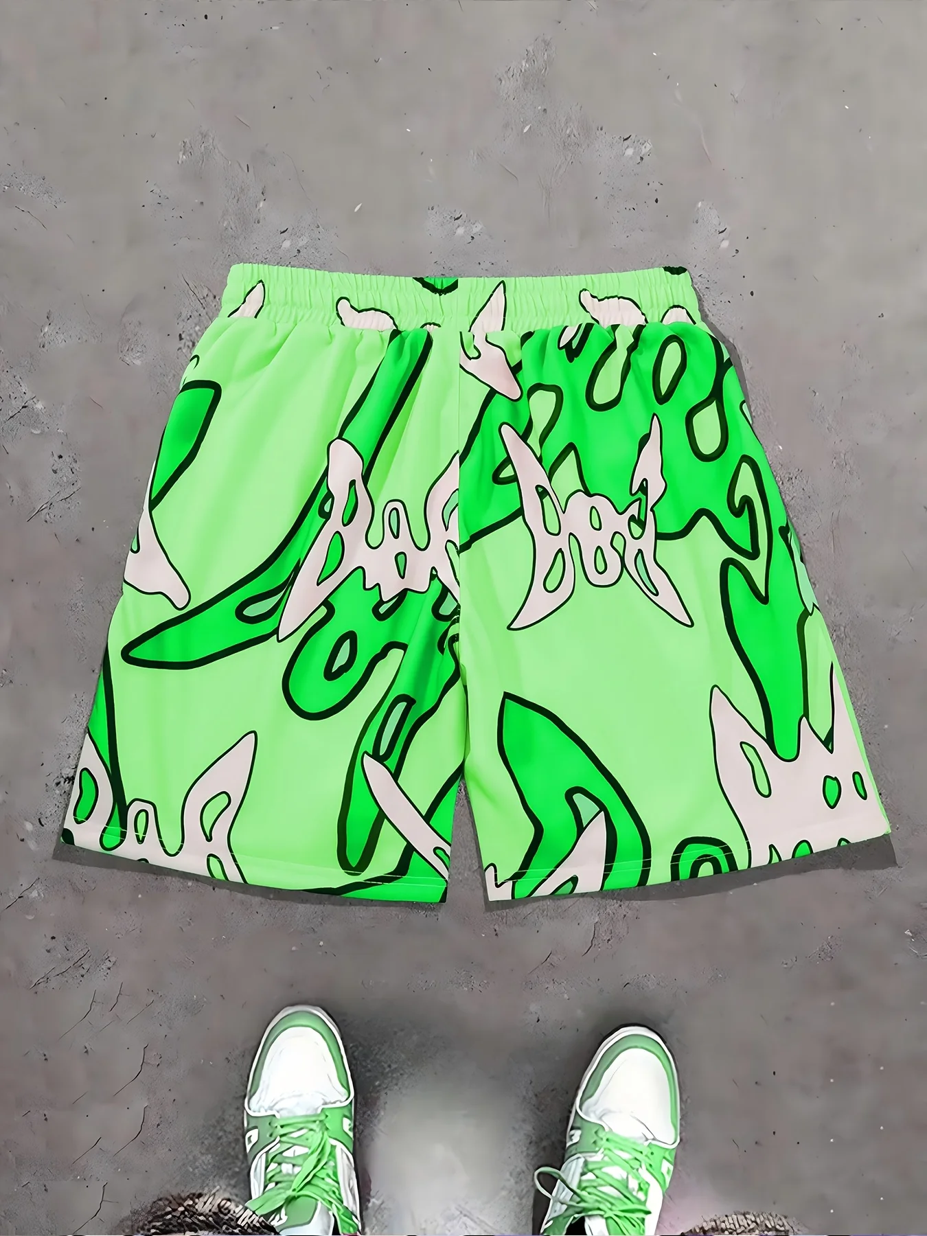 Sommer-Strandshorts für Herren, schnell trocknend, lindgrüner, abstrakter Camouflage-Grafikdruck, lässige Boardshorts mit Kordelzug und Taschen – Detail 7