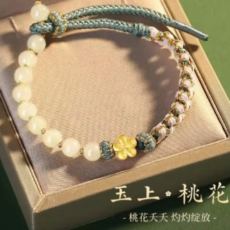 Natural Hetian Jade S925 Silver Gold Plated Peach Blossom Bracelet for Women 2026 Elegant Delicate Ladies Bracelet Gifts