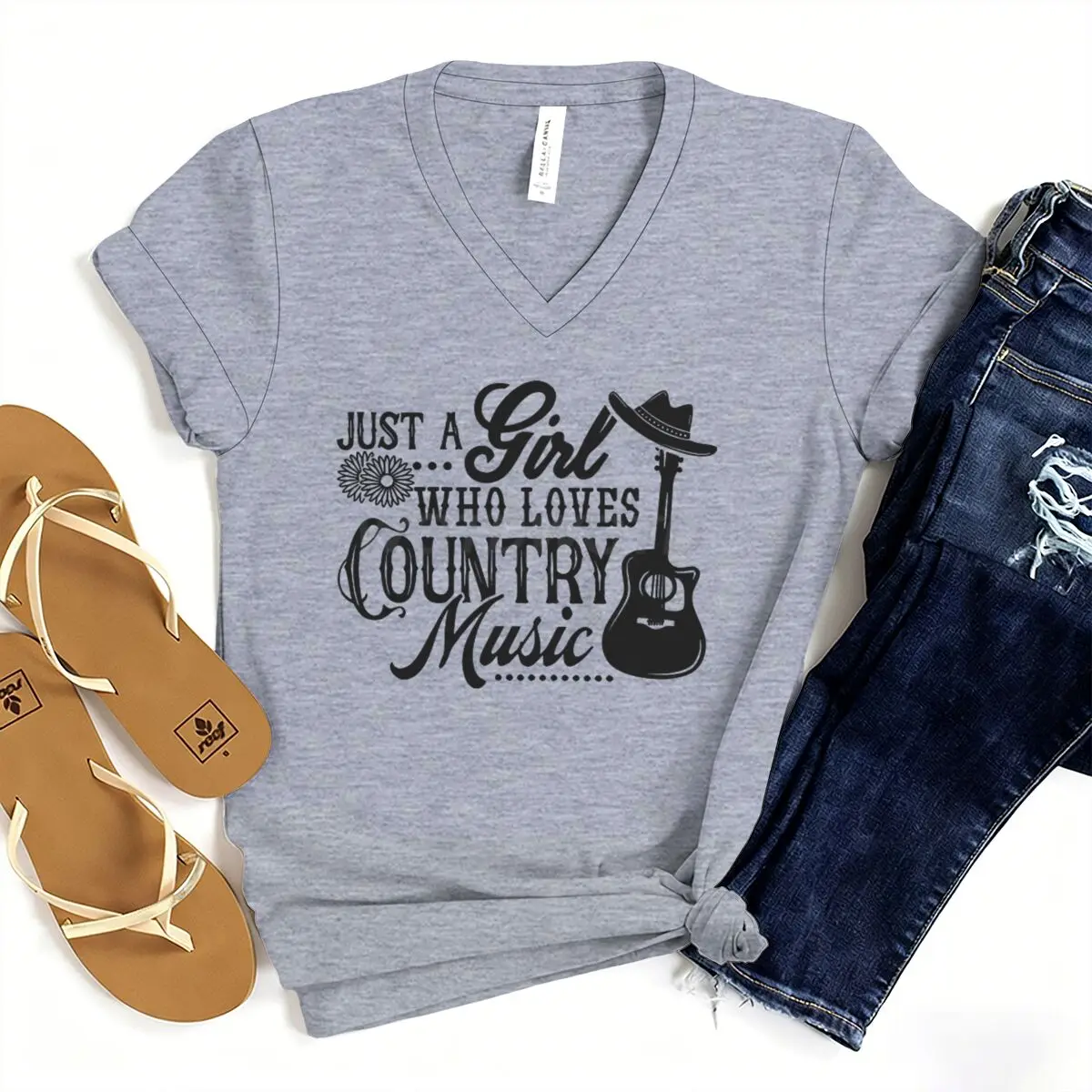 Cowgirl Gift T-Shirt V-Neck Guitar Graphic Tee Just A Girl Who Loves Country Music Clothes Casual T-Shirt for Country Music Fan