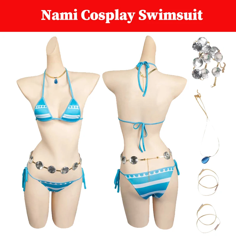 

Nami Cosplay Bikini Swimsuit Costume Anime Pirate Roleplay Sexy Blue Swimwear Waist Chain Necklace Women Summer Beach Suit﻿