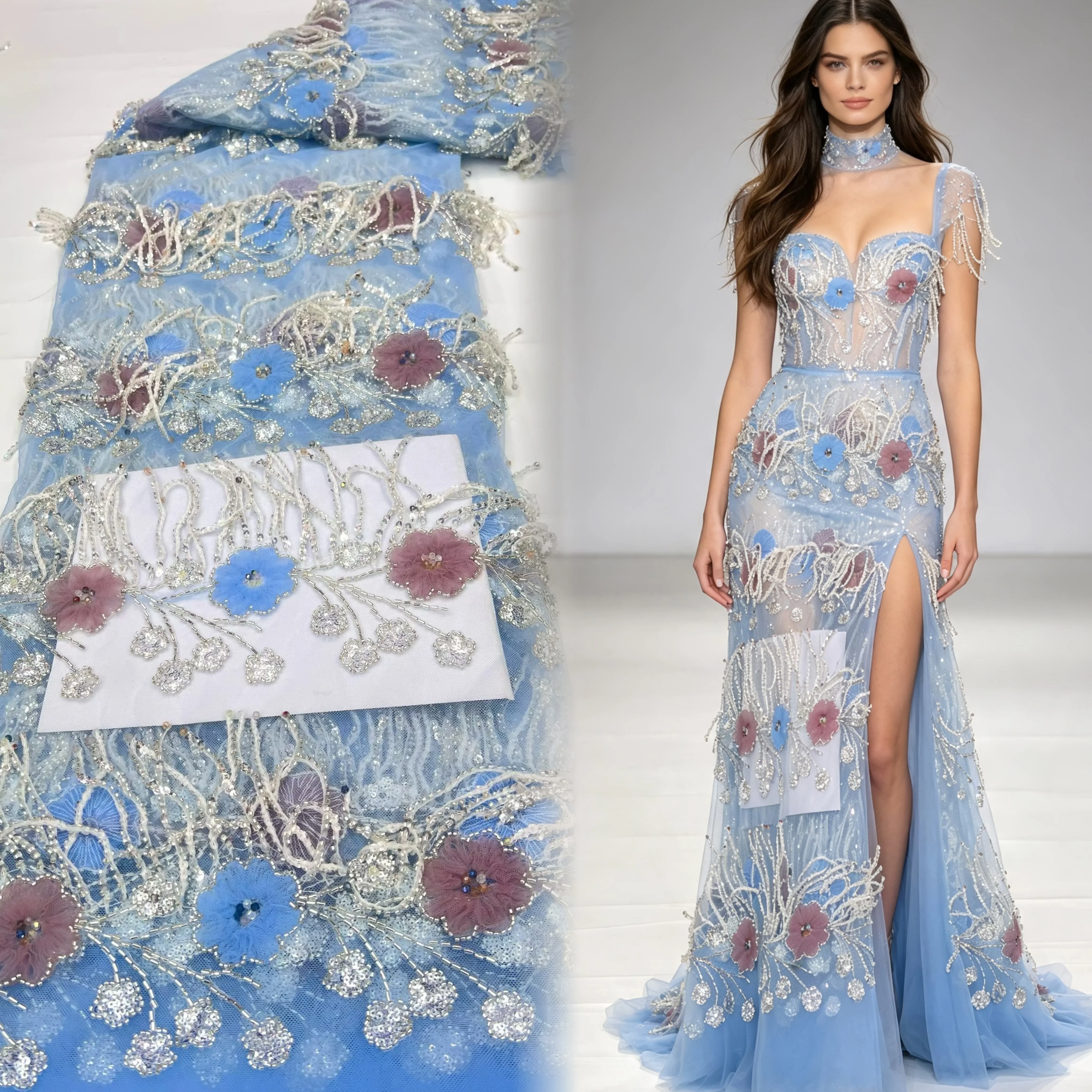 Pretty, Multicolor Thread Embroidery Lace, 3D Flowers Lace, French Tulle Net, African Fabric Lace for Ladies's Dresses, Party
