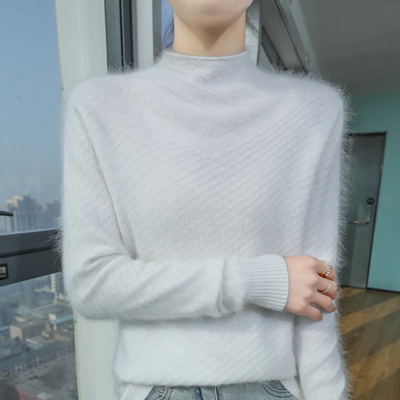 

2025 New Chic Classic Basics Sweater Autumn Winter Women's 100% Mink Cashmere Knitwear Mock-Neck Pullover Casual Grace Clothing