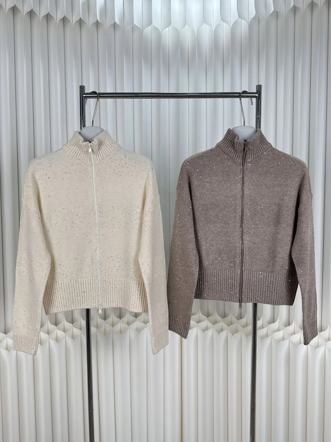 

Women's High‑Neck Sparkly Knit Cardigan Full‑Zip Long‑Sleeve Loose‑Fit Casual Sweater Jacket
