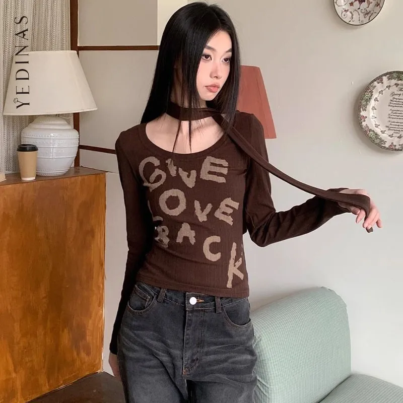 Yedinas Gothic Brown Letter Graphic T Shirts With Neck 2000s Clothes Y2k Autumn Tops Long Sleeve T-shirt Tees Female Clothing