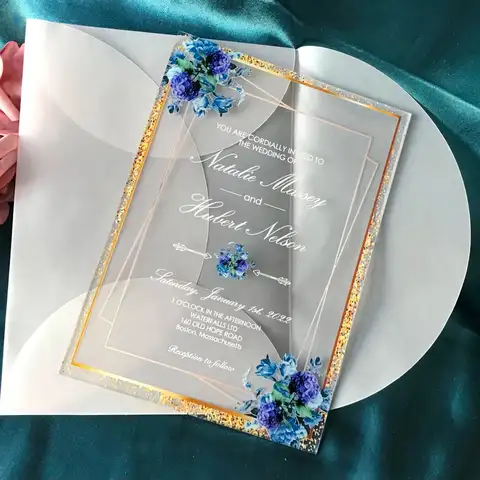 Wedding Clear Acrylic Invitation,Blue Floral Semi-transparent Envelopes,Custom Acrylic Quinceanera Invitation, 10Pcs