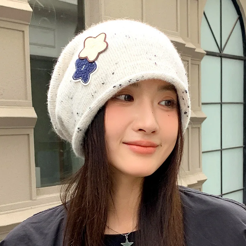 Women New Star Patch Fleece‑lined Beanie, Korean‑Style Windproof Warm Slouchy Pull‑on Hat for Autumn Winter, Face‑flattering