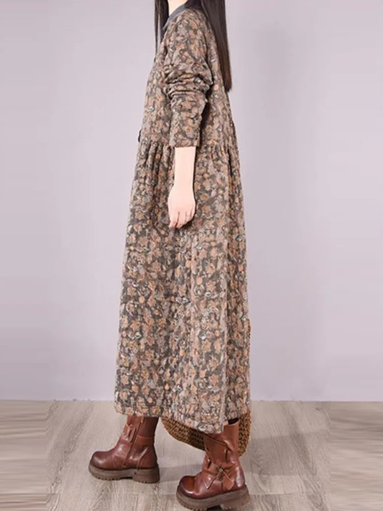 Women Casual Dress New 2022 Autumn Vintage Style Turn-down Collar Print Loose Comfortable Female A-line Long Dresses D461