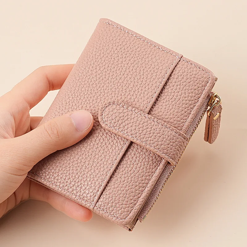 Women PU Leather Short Wallet Ladies Small Card Holder with Snap Button Zipper Coin Purse ID Window Multi Slot Money Bag