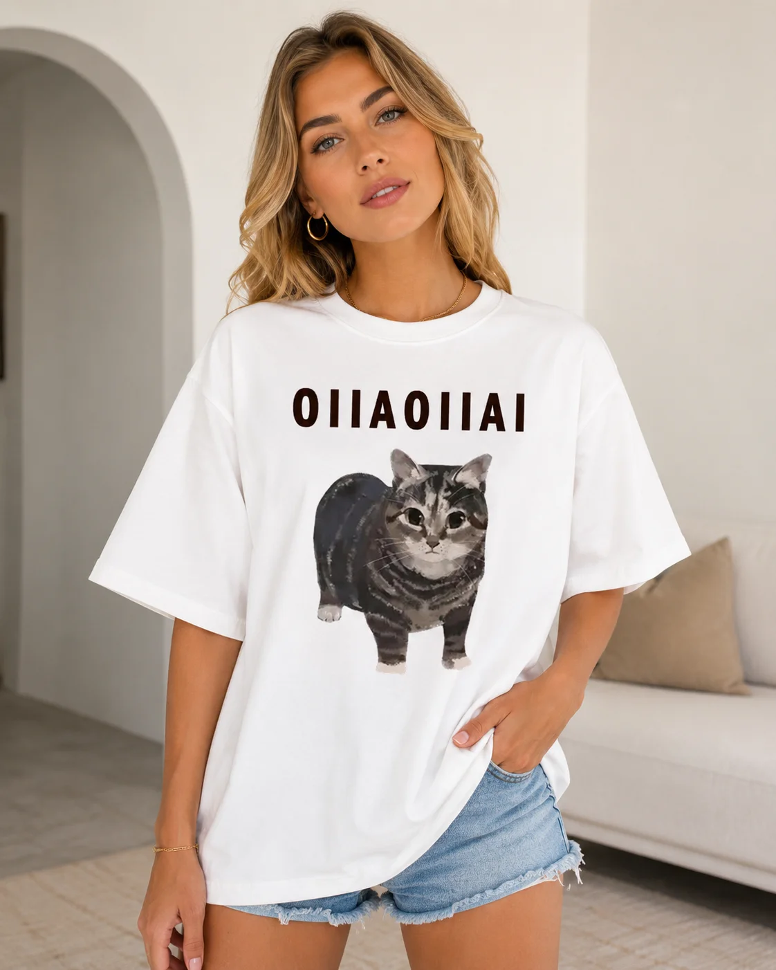 Women's Spinning Cat Meme OiaiT T-shirt Summer Short Sleeve T-shirt Pattern Top Casual T-shirt Round Neck Short Sleeve T-shirt