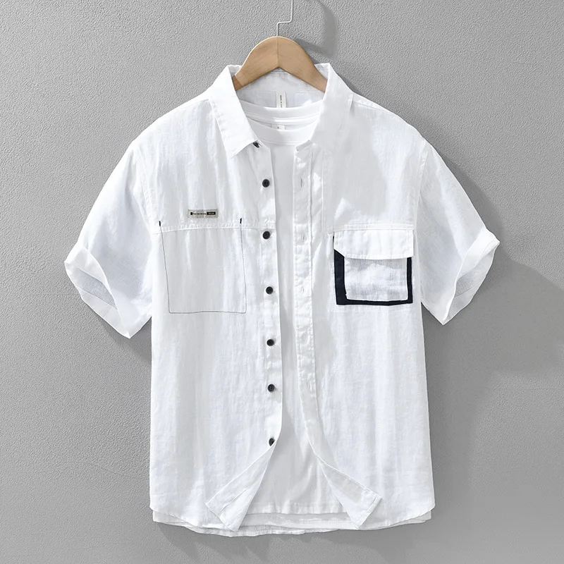 

Japanese Style 100% Linen Short Sleeve Shirts Men Breathable Fashion pocket Men's shirt Casual Loose Fit Top Male TS-896