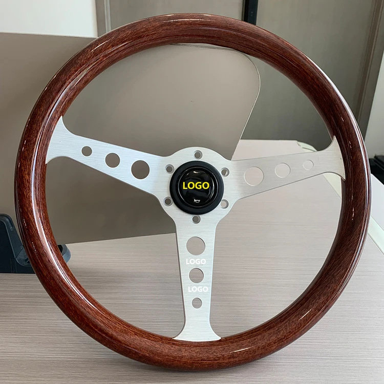

Universal Custom Logo 350mm ABS Brushed Aluminum Classic Premium Peach Wood Steering Wheel