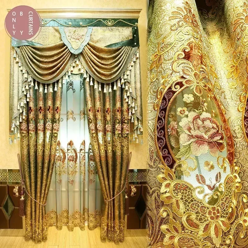 Gold Gilded Embroidered Hollowed Out Velvet Curtains for Living Room Bedroom Partition Curtains Customized Villa Valance Tube