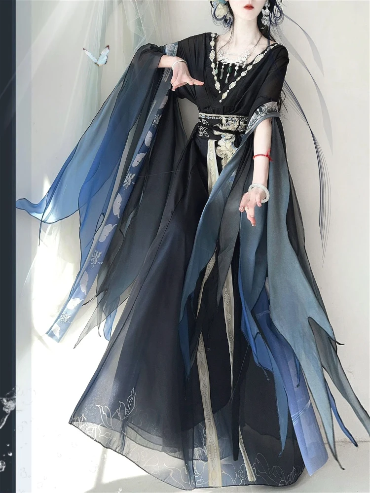 Chin 북부 및 남부 왕조 왕조 자수 Hanfu 드레스 레이디 스타일 세련된 빈티지 무대 의상 댄스 블랙 세트