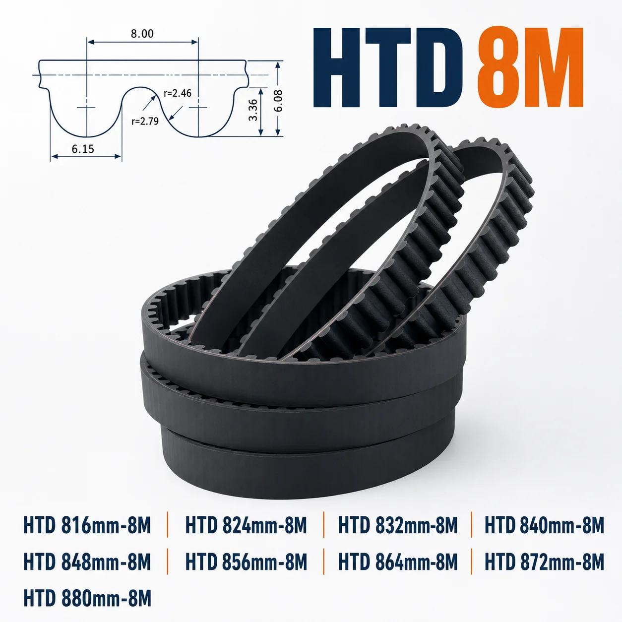 HTD 8M Rubber Timing Belt Perimeter 816 824 832 840 848 856 864 872 880mm HTD8M Machine Drive Width 15~50mm Transmission CNC