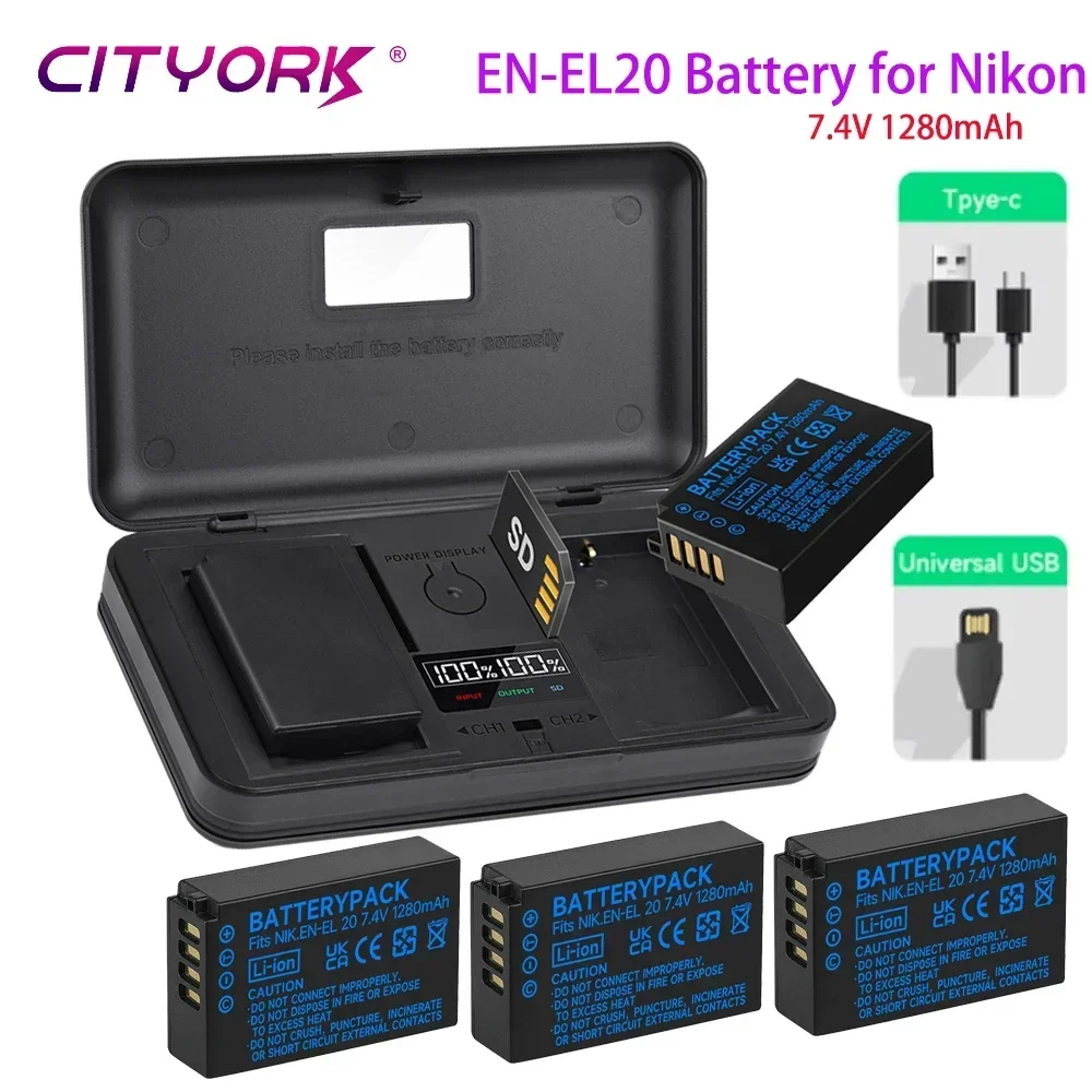 EN-EL20 EN EL20 Battery 1280mAh EN-EL20a EN EL20a Battery with 2 Slots Charger for Nikon Coolpix P1000 P950 1 J1 1 J2 1 J3 1 S