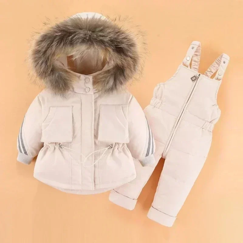 Winter Overall for Children Clothes Set -30 Degree Down Jacket Jumpsuit Baby Boy Parka Real Fur Girl Toddler Thick Warm Snowsuit