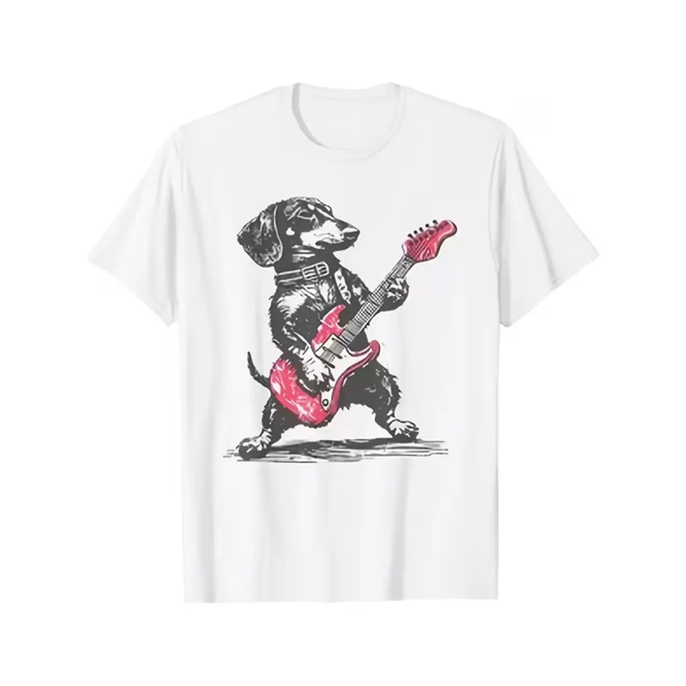 Dachshund Dog Playing Electric Guitar Rock Music T Shirt Retro Cute Canine Rock Tee Soft Breathable Casual Shirt With Short Sleeve Round Neck For Casual Attire
