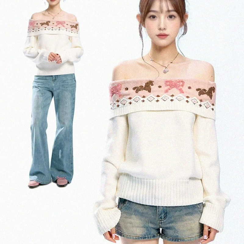 

Korean Style New One-shoulder Fashionable Sweater for Women Sweet Ladylike Long-sleeved Printing Knitted Top 2026 Autumn Winter