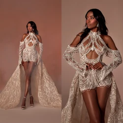 Sexy Wedding Dress For Women High Collar Beading Pearls Bridal Gown Sweep Train Long Sleeves Dresses Custom Made