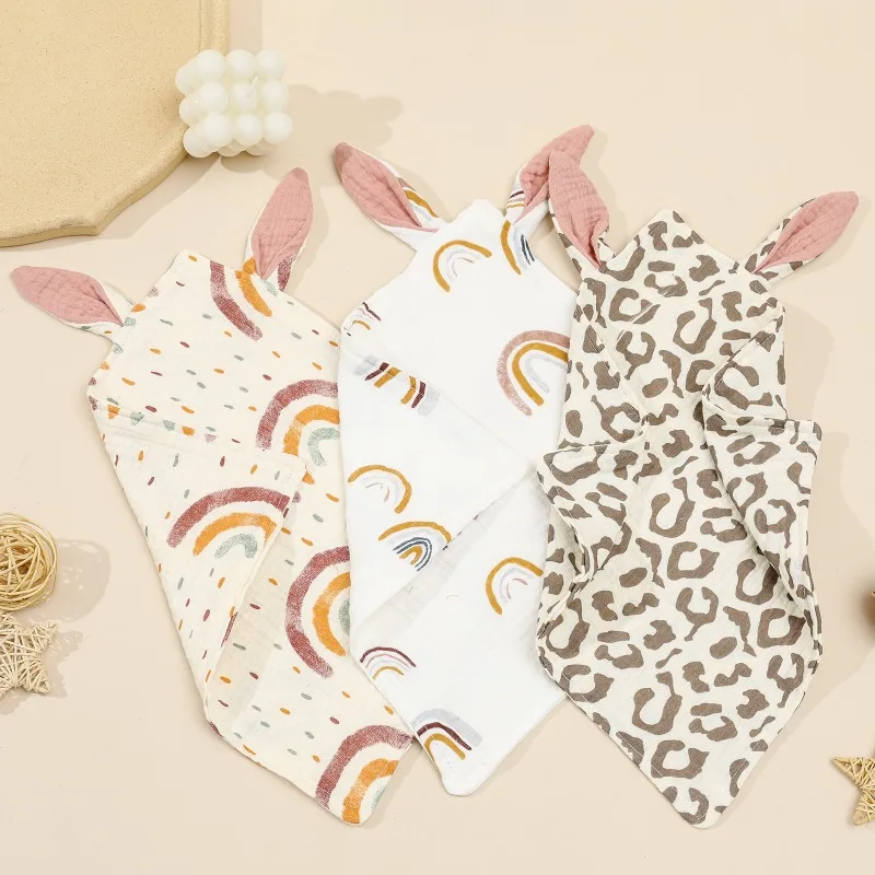 Baby Cotton Handkerchief Square Bear Pattern Layers Gauze Printed Burp Cloth Scarf Newborn Infant Saliva Towel Toddler Bib