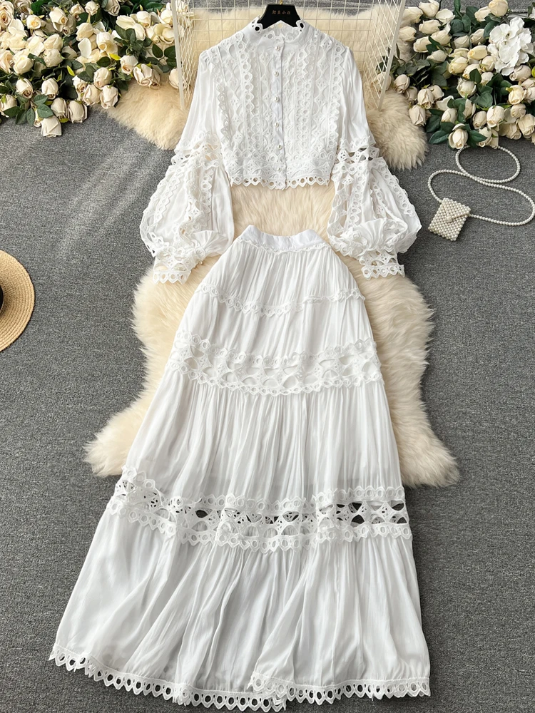 White 2 piece set Women\'s Party lace cutwork blouse tops and Long high-waist skirt 2024 Spring summer suit Luxury INKEO 3T219