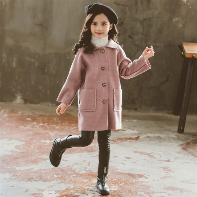 Kids Winter Wool Blend Coats Vintage Fashion Teen Girls Beige Long Jackets Warm Outerwear Thick Jacket Child 7 8 10 12 Years Old