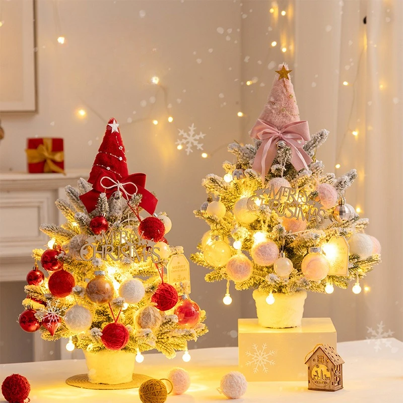 

35/40cm Christmas Tree Christmas Decor with Lights Desktop Christmas Hat Bow Diy Material Kit New Year Party Decoration Navidad
