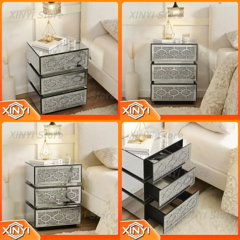 Mirrored Nightstand for Bedroom Dorm Living Room Side Table with 3 Drawers Silver Accent Crushed Diamond End Table Furniture