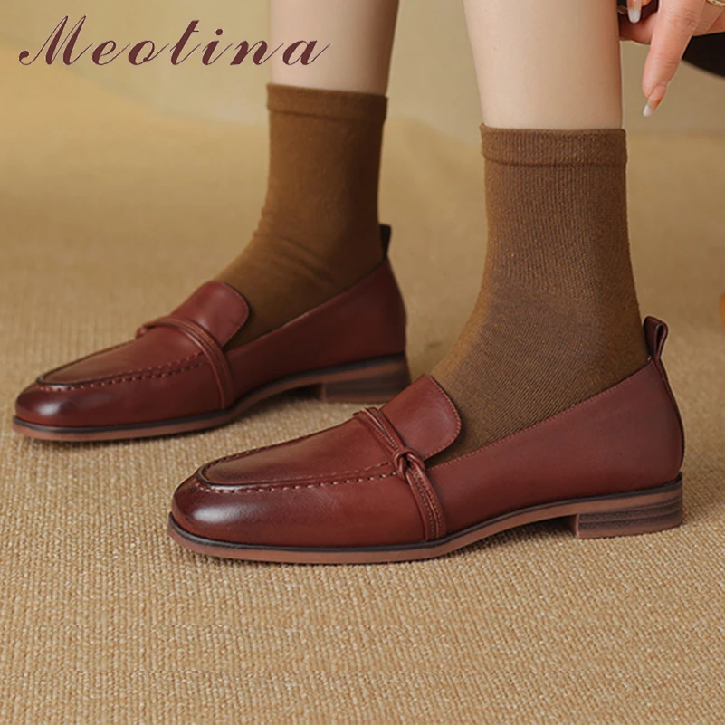 

Meotina Women Genuine Leather Loafers Round Toe Flats Sheepskin Concise Ladies Fashion Casual Shoes Spring Autumn Black Brown 40