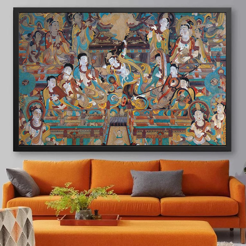 Chinese Dunhuang Mogao Caves Mural Reproduction Prints On Canvas Ancient National Religious Buddhist Poster Wall Art Home Decor