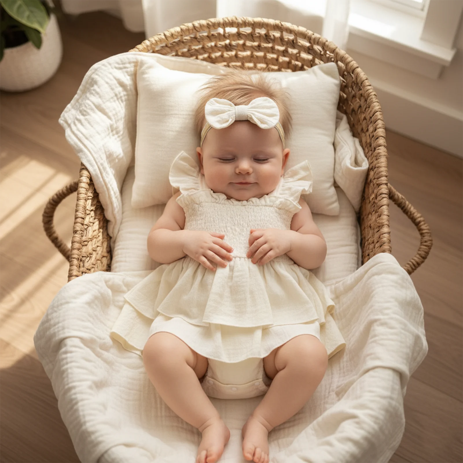 Newborn Girl Lace Bodysuits Outfit Fly Sleeve Layered Romper Dress with Bowknot Hairband Summer Girls Clothes