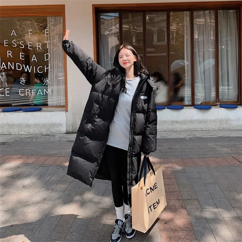 2024 New Winter Coat X-long Cotton Padded Parkas Women Hooded Warm Thicken Casual Overcoat Loose Snow Wear Solid Outwear Jacket