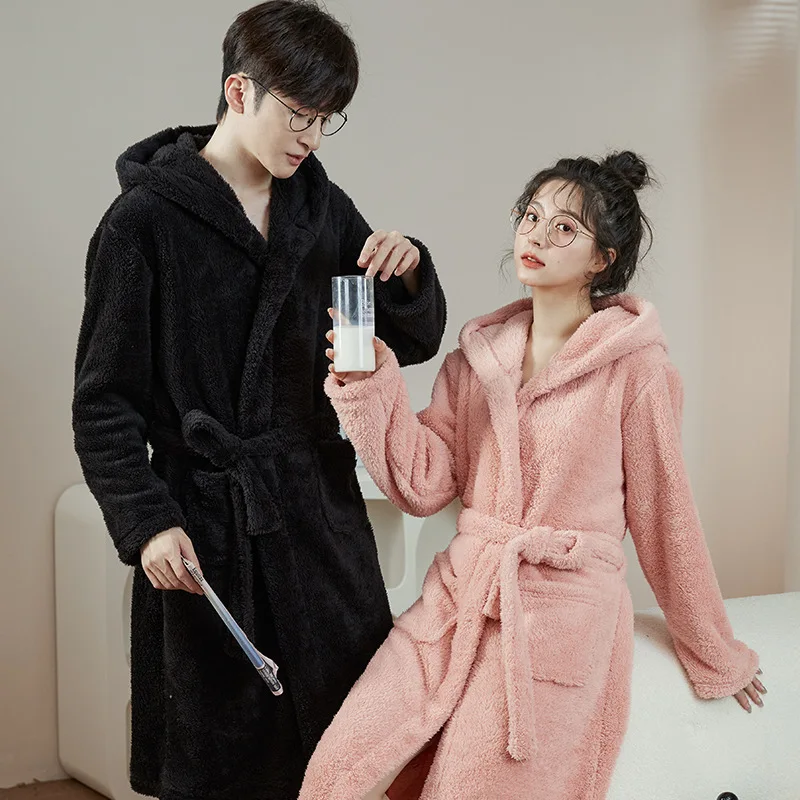 

Autumn Winter Coral Fleece Couple Sleepwear Robe Thickened Warm Flannel Nightwear Bathrobe Gown Loose Casual Home Clothes