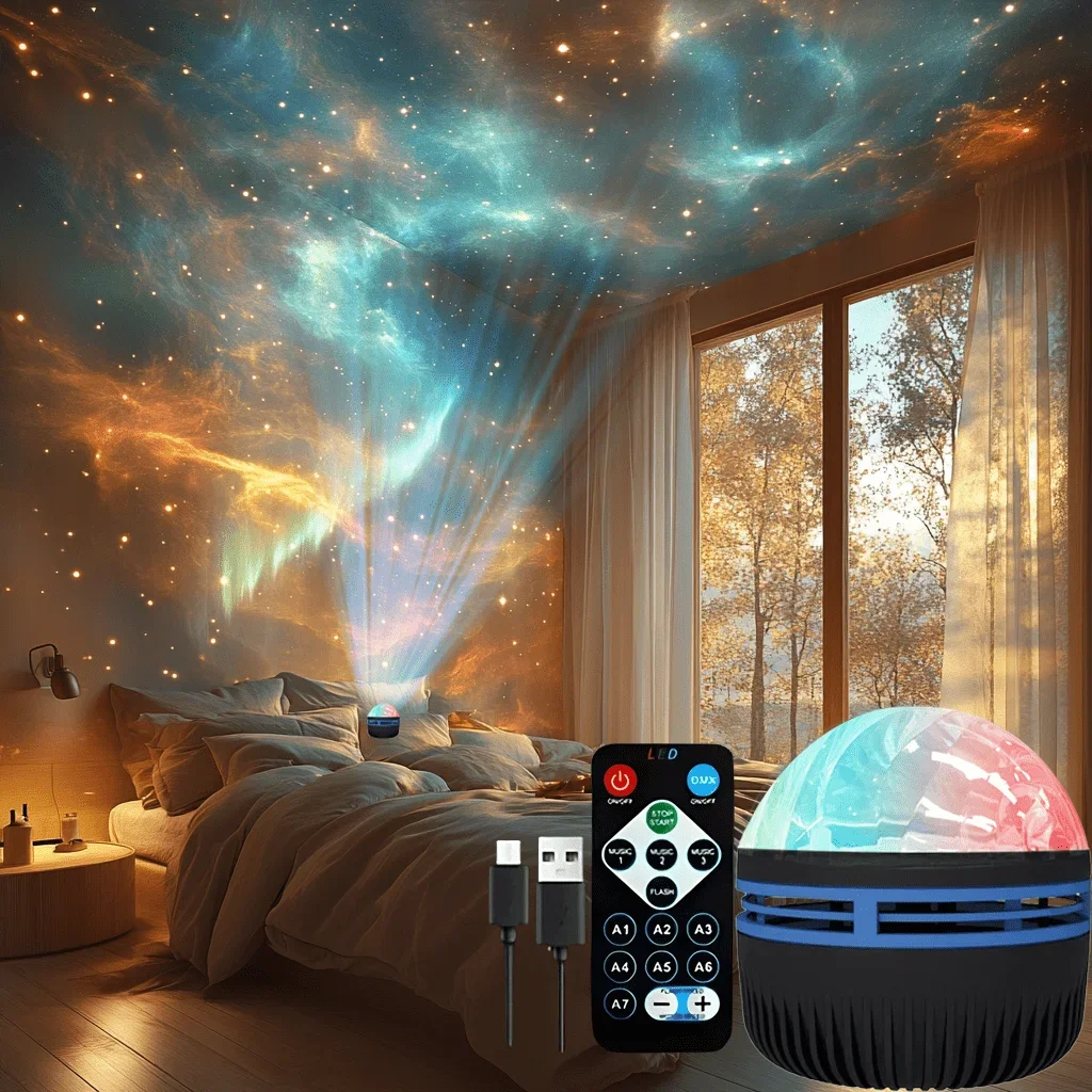 Luz nocturna LED USB con proyección de estrellas, con control remoto, iluminación multicolor, adecuada para decoración de salas de estar en el hogar, 1 ud.